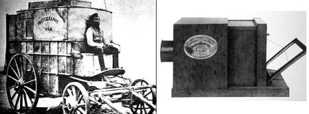 Na primeira, um fotógrafo com seu laboratório e na segunda, câmera usada por Daguerre.